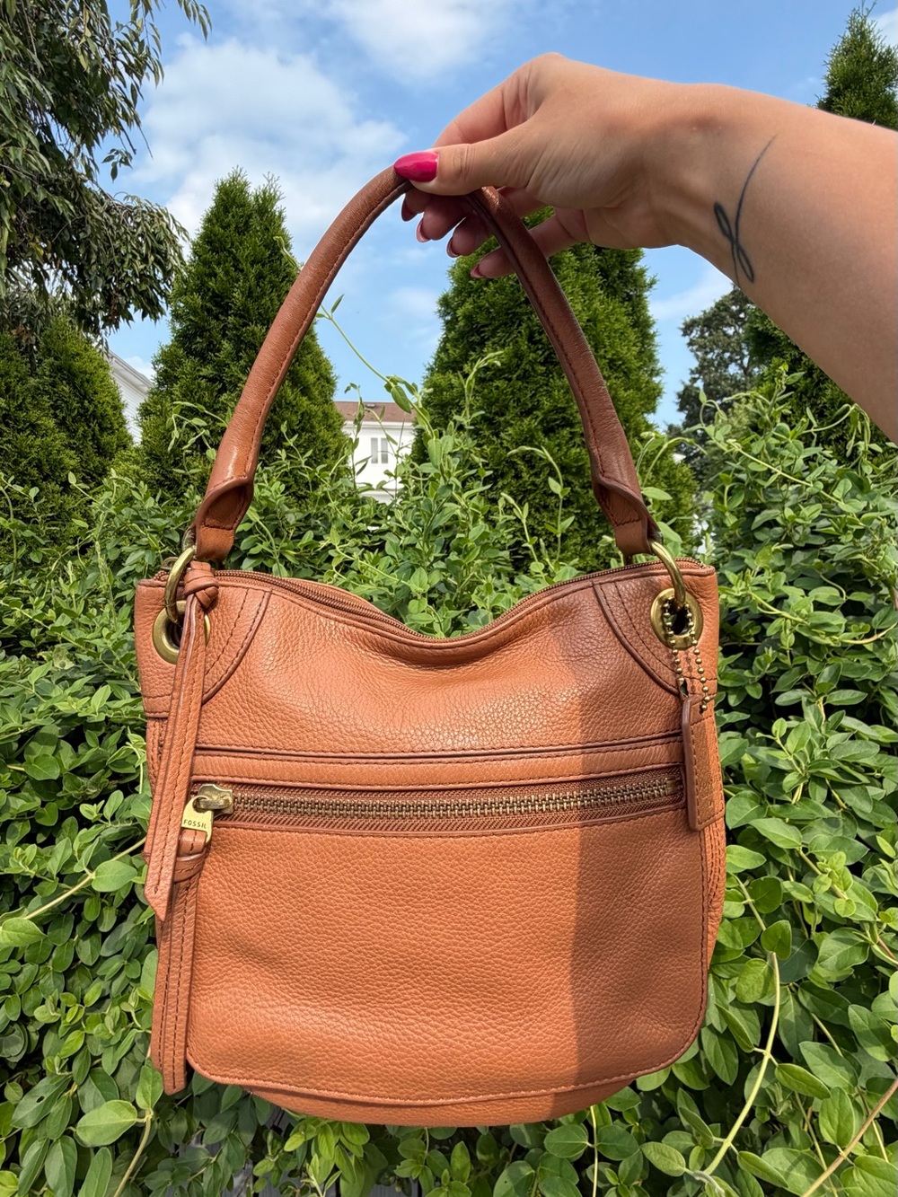 Vintage Fossil Brown Tan Pebbled Leather Y2K Hobo Shoulder Bag Brass Hardware